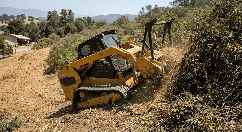 Skid steer masticator clearing brush and overgrowth for CalFire defensible space in Los Gatos